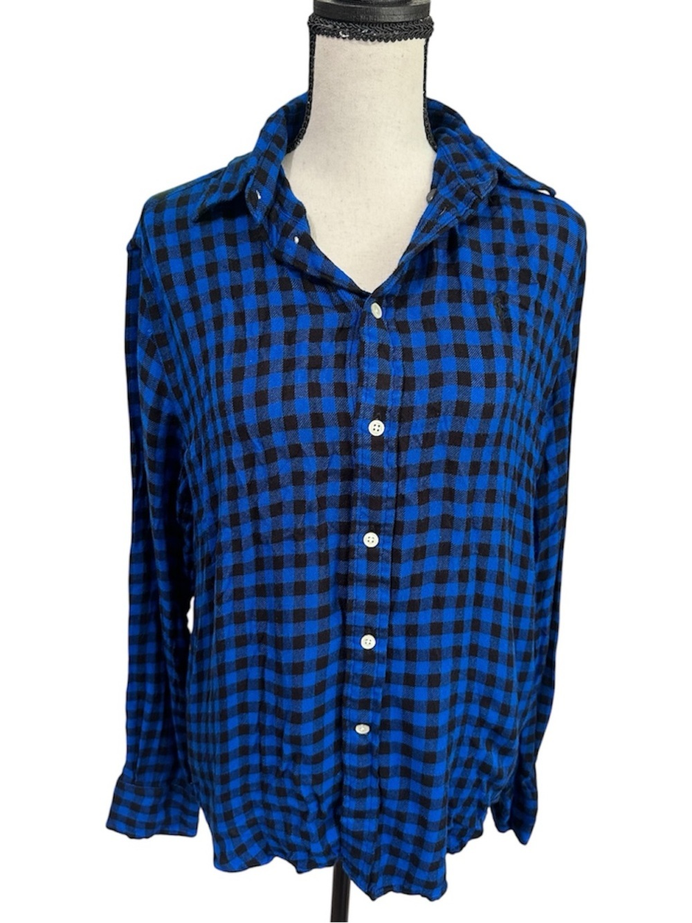 Ralph Lauren Women’s Blue Black Gingham Plaid Button Up Size S Long Sleeve Shirt